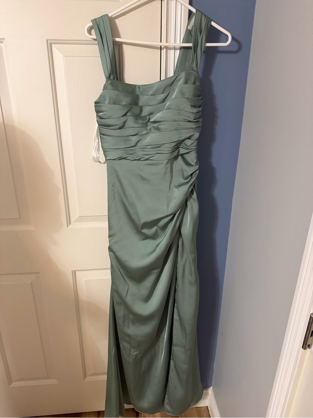 Azazie Dusty Sage Satin Ruched Maxi Dress